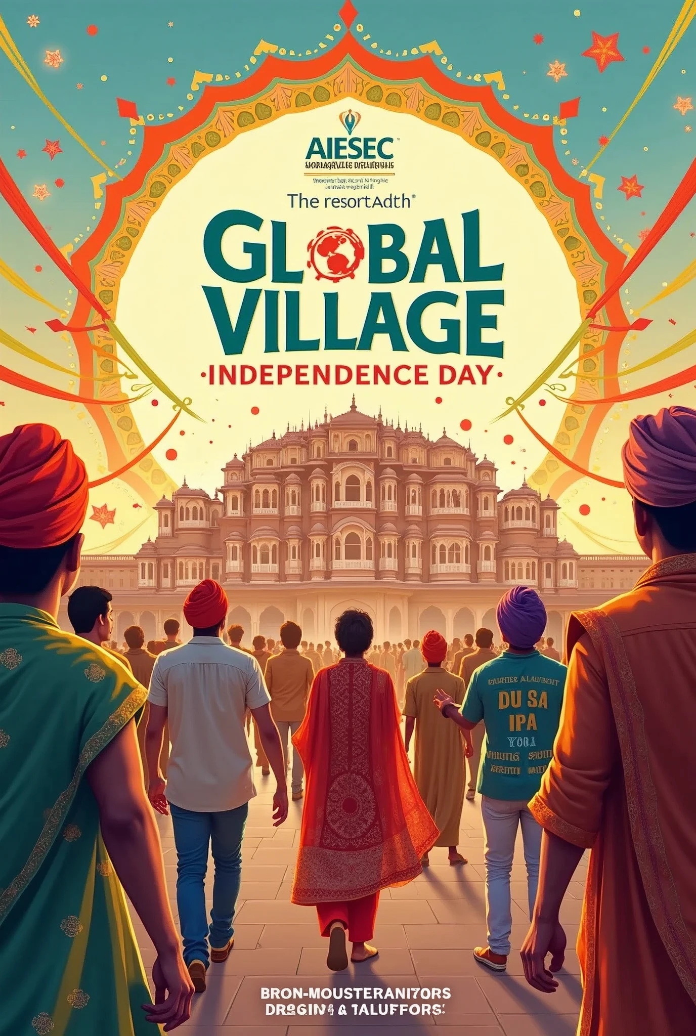 Global Village poster with indian culture and indian independence day celebration saying that independence day just got cooler with Global village brought to you by AIESEC in jaipur 

Add Rajasthani culture and independence day theme 

Add hawa mahal in background

Date - 7/9/24
Venue - Jawahar kala kendra 