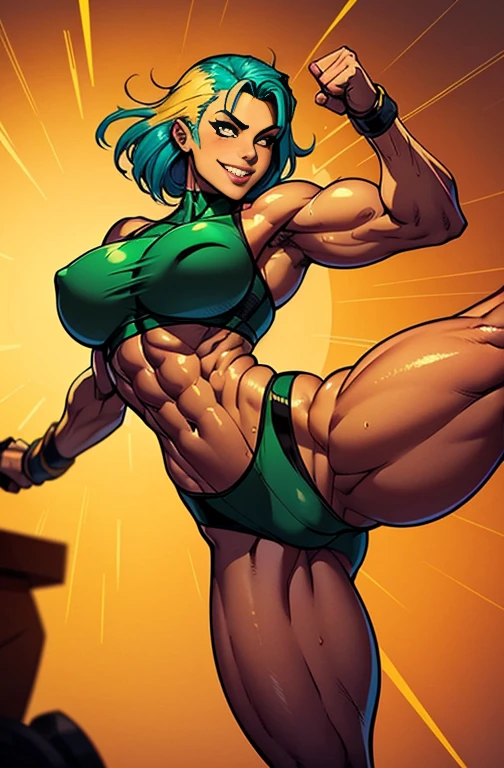 Fighting game characters、A big bust that seems to burst、One Woman Love、Jade-colored hair、slurry and long legs,,,,,,,,,、Fitness Model、muscle、Abdominal muscles、Height: 175cm、Fighting suit with golden sheen、Sunburned skin、Glowing Skin、Cool smile、Full Body View、High kick pose、