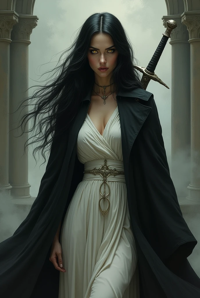 Beautiful woman with black hair, cold and serious look and yellow eyes, He wears a black cloak and white clothes and carries a sword. ,realistic art