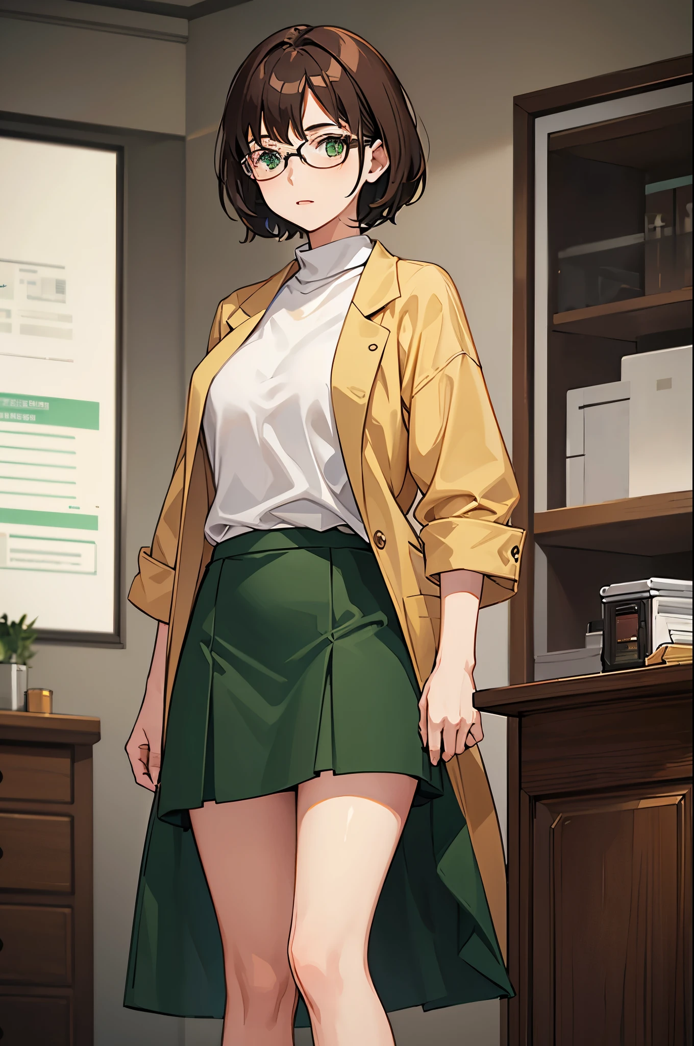 1woman, short brown hair, green eyes, glasses, skirt, sweater, lab coat, standing on ground, high res, ultra sharp, 8K, masterpiece