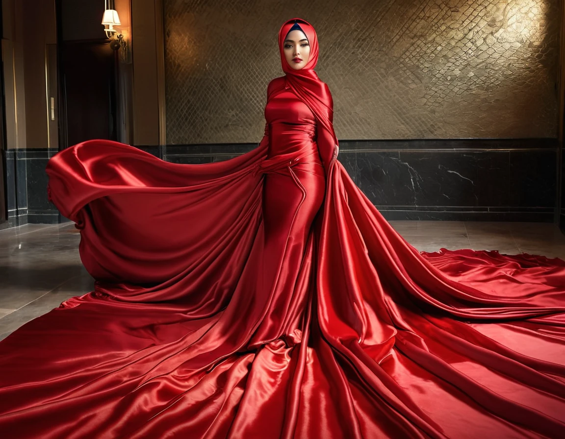 A woman shrouded in a 4-meter-long, plush red satin cloth, tightly bound and grandly draping along the form of her body, flowing off into a pooled floor-length train, styled in a mermaid-inspired outfit, her head modestly veiled in a satin hijab, a full-body pose conveying a sense of mysterious elegance, captured in a 4k resolution, ultra-realistic