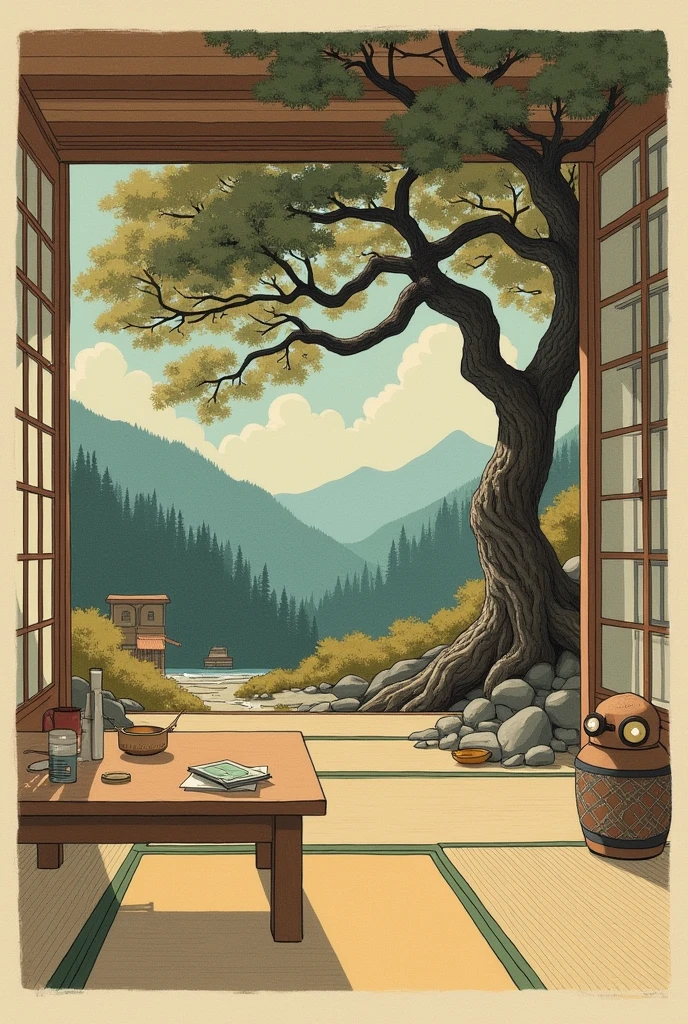 Edmund Dulac Hanging tree illustration Creating a Japanese-inspired artisan’s cabin that avoids stereotypes involves blending traditional Japanese elements with a more understated, organic, and perhaps eclectic aesthetic that reflects both the artist's personality and the natural environment. Here’s what might signify such a space:
1. Subtle Traditional Elements:
- Tatami and Shoji: Instead of overused motifs like cherry blossoms or lanterns, the cabin might incorporate tatami mats on the floor and shoji screens, but in a way that feels natural and lived-in, rather than staged or overly decorative.
- Wood and Paper: The use of wood (such as cedar or pine) and washi paper in the structure or decor would be prominent, but these materials would be unpolished and authentic, possibly weathered with time.
2. Natural Integration:
- Seamless Indoor-Outdoor Flow: The cabin would likely emphasize a deep connection with the surrounding nature, with sliding doors or large windows that open onto a garden, forest, or mountains. The landscape might include native plants or a small rock garden, but without the formality of a traditional Japanese garden.
- Natural Light and Shadow Play: The architecture would make use of natural light and shadow, reflecting the Japanese aesthetic of “wabi-sabi,” which finds beauty in imperfection and transience.
3. Functional Minimalism:
- Simplicity in Design: The furniture would be minimalist, with clean lines and functional design, but not necessarily modern or designer pieces. Low wooden tables, simple floor cushions, and handmade shelving could be featured.
- Craftsmanship Over Decoration: The focus would be on the quality of materials and craftsmanship rather than ornamental details. For example, a rough-hewn wooden table might be more valued for its utility and the beauty of the wood grain than for any decorative carvings.
4. Eclectic Personal Touches:
- Artistic Clutter with a Japanese Sensibility: The cabin would li