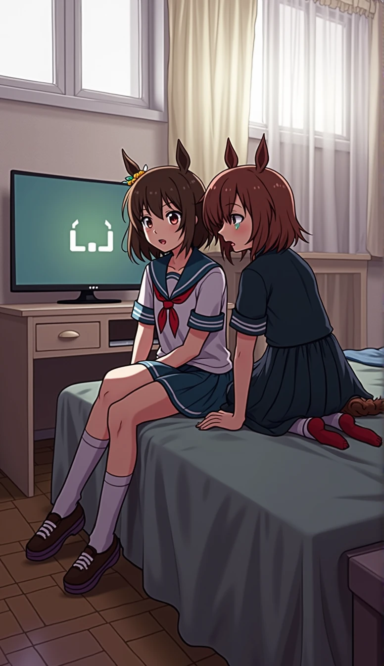 absurd resolution, High resolution, (masterpiece: 1.4), Super detailed, (((detailed face, detailed expression)), two girls, girl and girl, friends, best friends, Classmates, relaxing, Horse tail, Beto, sitting on bed, sitting on the floor, Two people talking, background in the room, friends, best friend, Home, 1K, small room, curtains, bed, TELEVISION, desk, room linen, kyoto animation, The atmosphere of Kyoto Animation., (tearful)