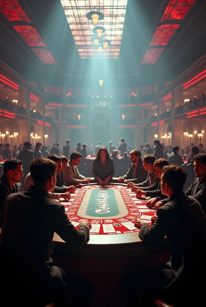 (Card Game design:1.2), Scattered cards, In the bustling arena, players compete around a huge card game table. Capture the vitality of the entire arena and the interaction among players, RAW photo, color graded, surreal, (captivating chiaroscuro:0.1), dynamic movement, full body, award-winning, cinematic still, emotional, dynamic, vivid, (masterpiece, best quality, photorealistic, Professional, perfect composition, very aesthetic, absurdres, ultra-detailed, intricate details:1.3)