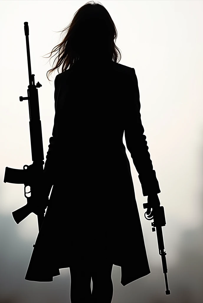a silhouette of a woman holding two guns and a gun, character silhouette, detailed silhouette, half - body shot, half-body shot, black silhouette, of a sniper girl in war, female lead character, silhouette!!!, female spy, half body shot, silhoutte, carrying a rifle, stylized silhouette, woman silhouette, silhouette :7, siluette