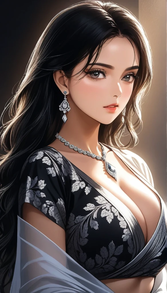 beautiful woman, black jhumka earrings, saggy breasts, diamond necklace, black printed with white strip saree, flawless makeup, intricate detailed face, expressive eyes, alluring gaze, elegant posture, cinematic lighting, dramatic colors, highly detailed, 8k, photorealistic, masterpiece, wavy blunt hair