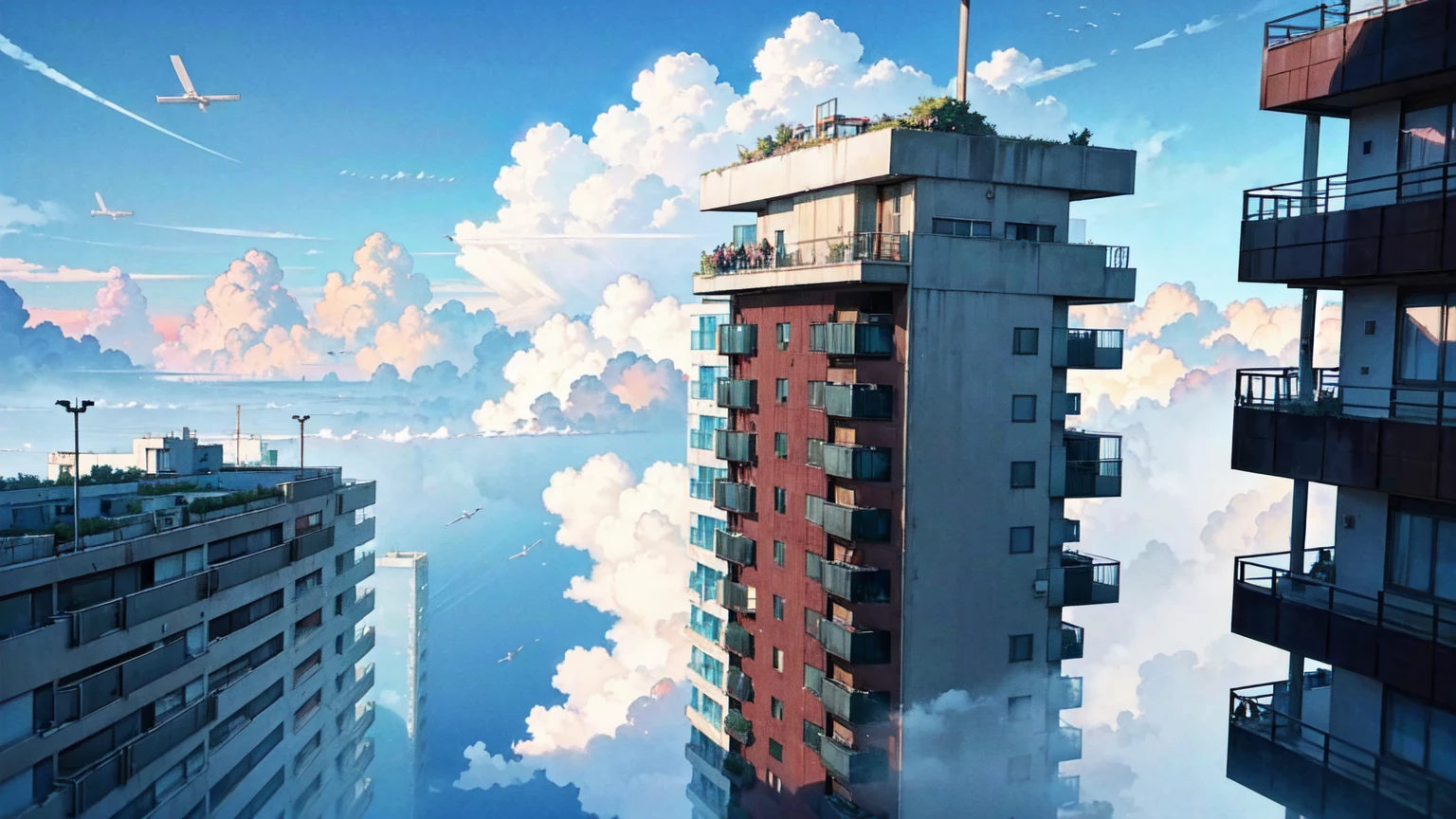 Apartment complex flying above the clouds. flying corridor. Apartment complex floating in the sky. Makoto Shinkai style, high quality, nostalgic, vivid, background only, bright, fresh, mysterious, beautiful, apartment complex floating in the sky. Ruins. Apartment complex flying in the sky. Only the stairs are connected to somewhere else.