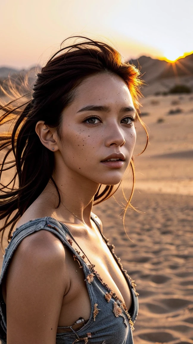 masterpiece, Transition to a desert landscape at sunset, a lonely figure, A beautiful 32-year-old American woman emerges wearing beautiful post-apocalyptic nomadic clothing., White skin, by rubio, gray blue eyes, Freckles in the face, slim body for running, small breasts, Very detailed face, ultra realistic face, very beautiful face, clean but tired face, post-apocalyptic clothing. Layers of tattered fabric, unconventional accessories, and a worn appearance create an aura of survival and resistance., 16k, ultra high resolution.photorealistic, HD, raw, DSLR, with the face of jeniffer lawrence