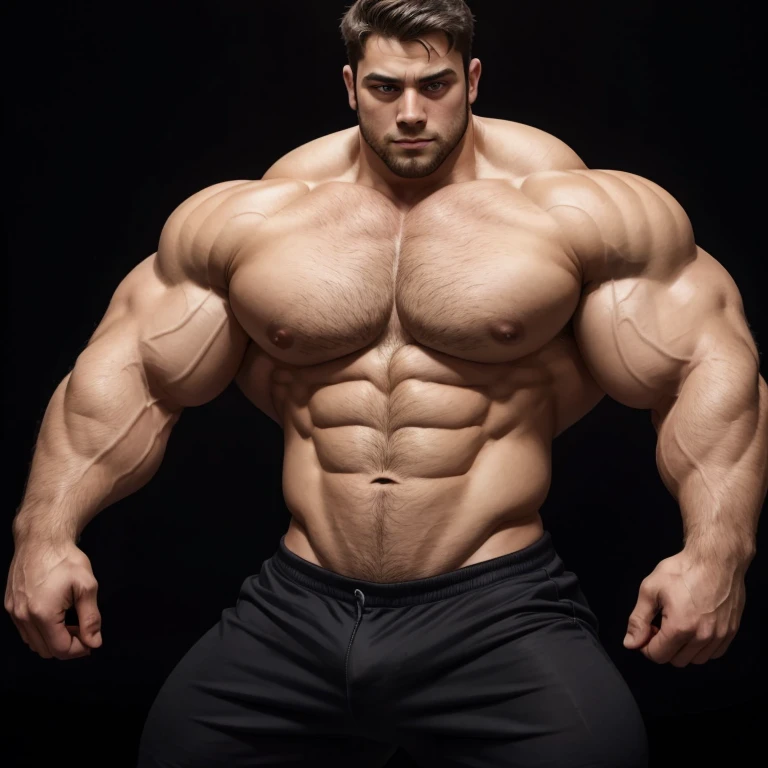 a very handsome young man shirtless, big eyes, exaggeratedly muscular, exaggeratedly huge muscles, exaggeratedly huge biceps, exaggeratedly huge arms, on a black background