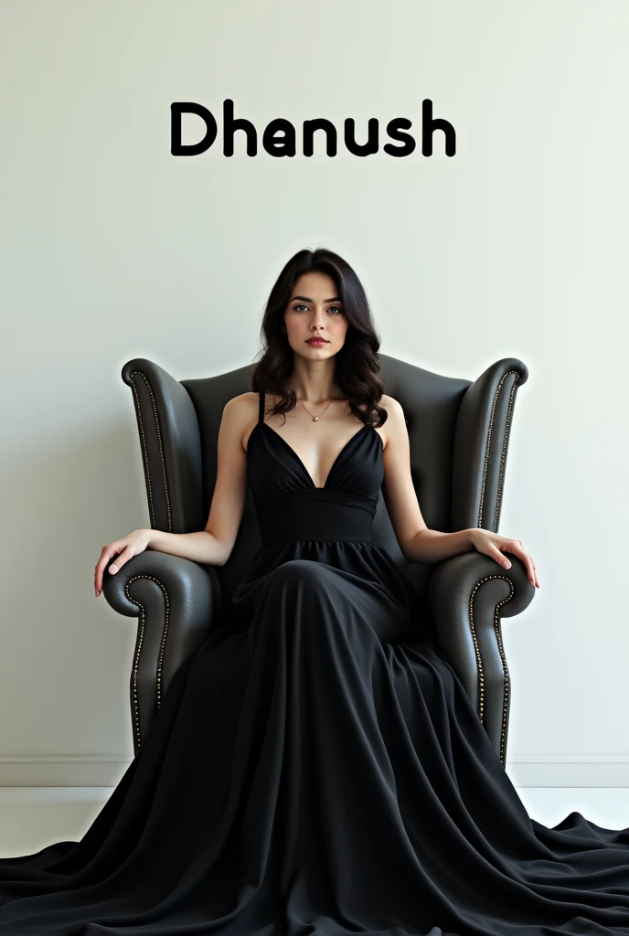 A girl sitting in the wing chair wearing a black colour
gown and in the white background wall is written with "dhanush" in  black colour 