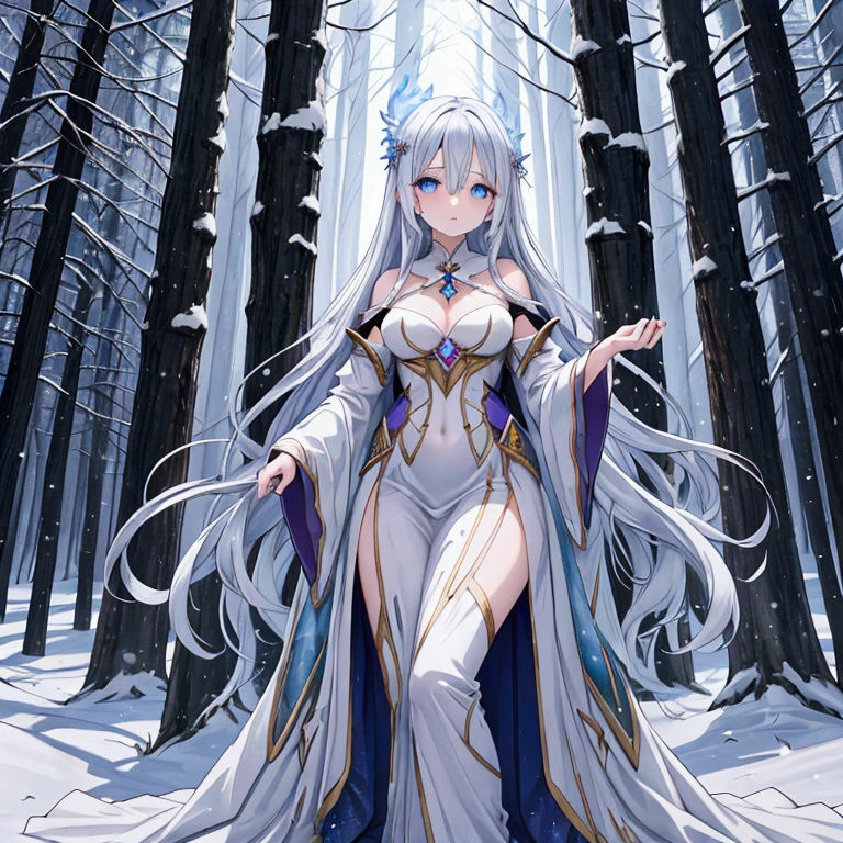 Full-body, 18-year-old sorceress, silver wavy hair, glowing blue eyes, flat chest, winter, slender build, purple and white robe, mystical forest background, glowing magical aura, anime, detailed face.
