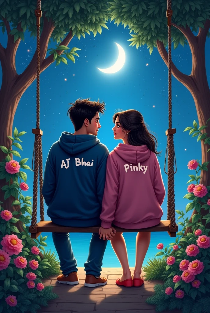 there are a couple both are 21 years old, sitting in front on a swing in the beautiful garden view, they are wearing a navy blue and pink hoodie,boy with name AJ BHAI, write on it,girl with name PINKY, write on it ,lovely couple, sitting on a moon, heart emoji,holding hands in the moonlight hyper realistic art painting detail image