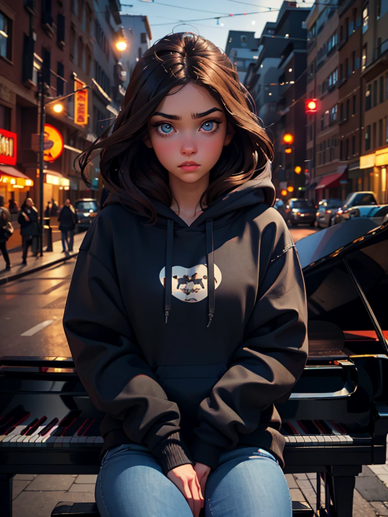 a pretty brunette girl, 22 years old, wearing a black hoodie and blue jeans, Play a piano in the street, pensive and slightly sad expression, detailed facial features, detailed eyes and lips, complex urban background, whimsical lighting, Cinematic composition, Realistic photo, high quality, 8k, ultra detailed