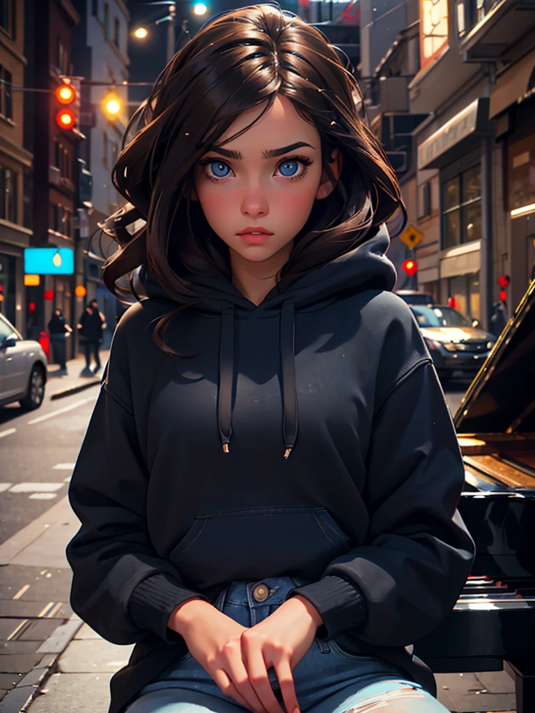 a pretty brunette girl, 22 years old, wearing a black hoodie and blue jeans, Play a piano in the street, pensive and slightly sad expression, detailed facial features, detailed eyes and lips, complex urban background, whimsical lighting, Cinematic composition, Realistic photo, high quality, 8k, ultra detailed