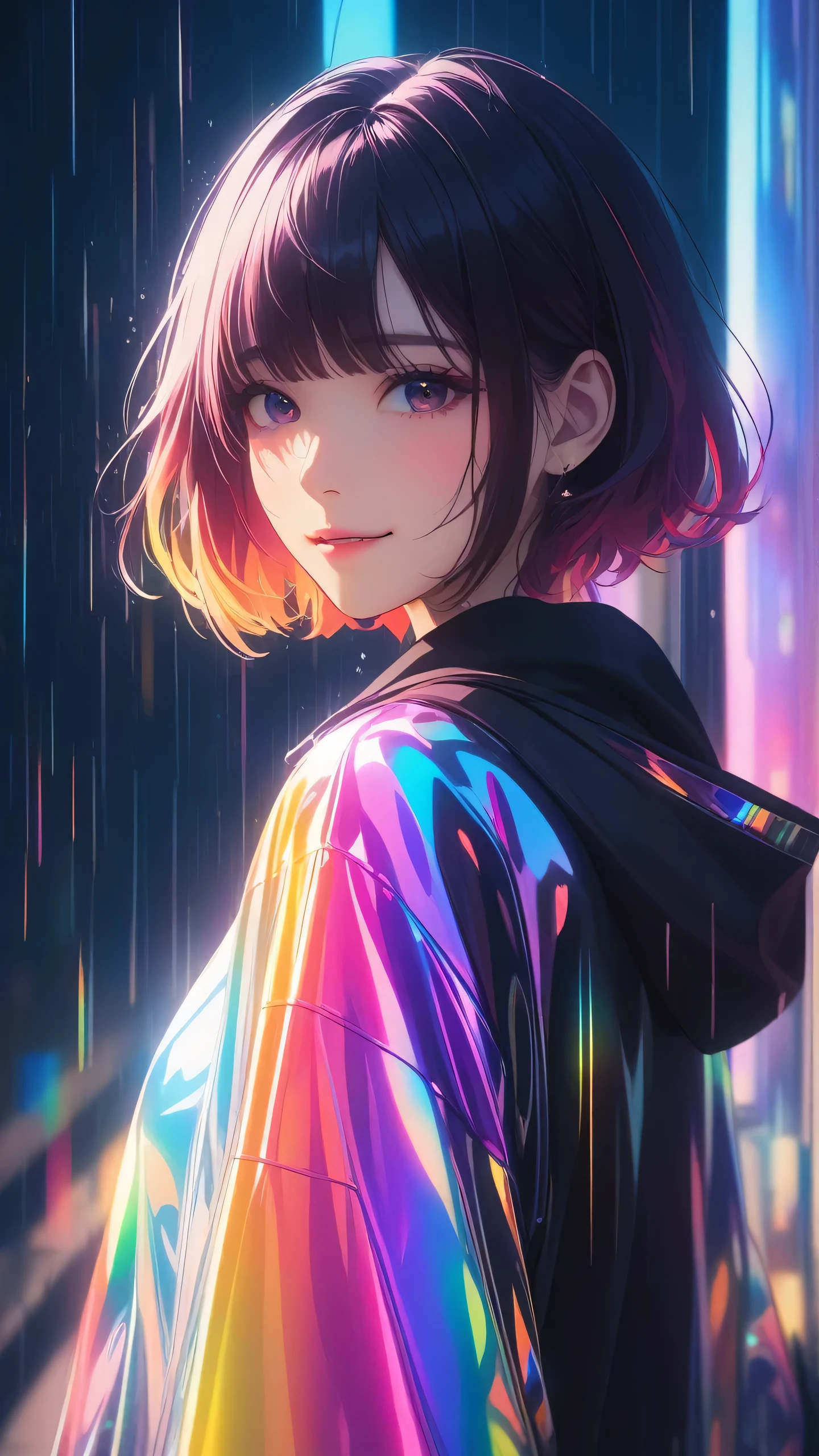 Masterpiece, best quality, 1girl, dramatic lighting, moody atmosphere, cinematic, dark tones, prismatic, holographic,chromati caberration, transparent colorvinyl clothing, whole body, glitchlump} on face, smile, medium hair, filmg rain, lens_flare, colorful, chromati caberration,Intense emotional expression:death, glitchart, ultra-detailed, extremely delicateand beautiful, albumcover, album, album description, Pixilation on face, Double exposure, Chromatic Aberration, Lightleaks, Noise and grain,Color degradation, Glitch lettering, art, abstractart, geometry, clearlines, squares, bright, limited palette,{canonicalcomposition},neat diagonal,{limited palette},flat colored,