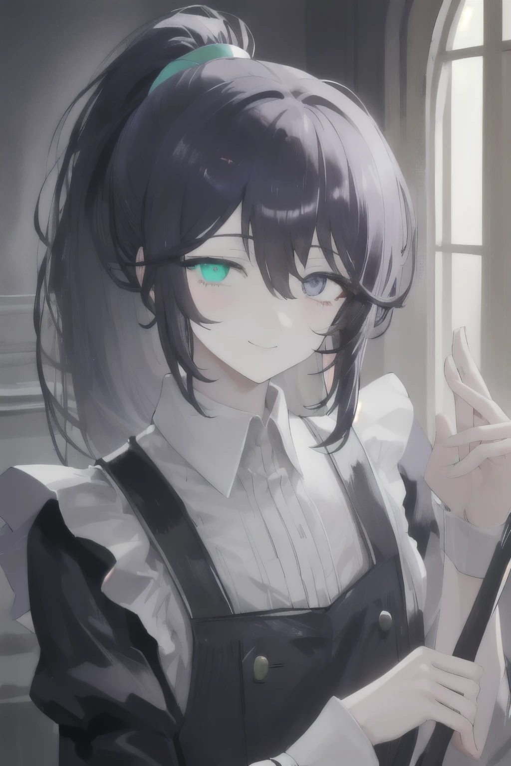 masterpiece, best quality, ultra high res, 16k, dramatic lighting, 1boy, male focus, solo, honglu, ponytail, grey eyes, heterochromia, maid uniform, crossdressing, smile, looking at viewer, cleaning, castle corridor background, portrait shot, heterochromia, blue eye and green eye