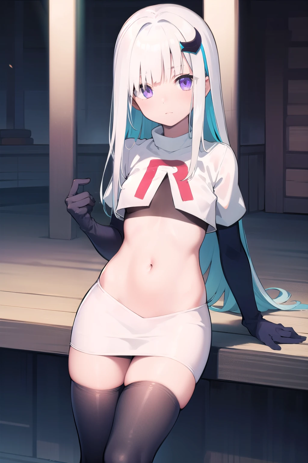 lizehelesta, lize helesta, blue hair, blunt bangs, colored inner hair, hair flaps, hair ornament, long hair, multicolored hair, (purple eyes:1.1), sidelocks, two-tone hair, white hair, (small breast:1.2),
BREAK virtual youtuber, team rocket,team rocket uniform,white skirt,red letter R,crop top,black thigh-highs,black elbow gloves,
BREAK looking at viewer,
BREAK outdoors,
BREAK (masterpiece:1.2), best quality, high resolution, unity 8k wallpaper, (illustration:0.8), (beautiful detailed eyes:1.6), extremely detailed face, perfect lighting, extremely detailed CG, (perfect hands, perfect anatomy),