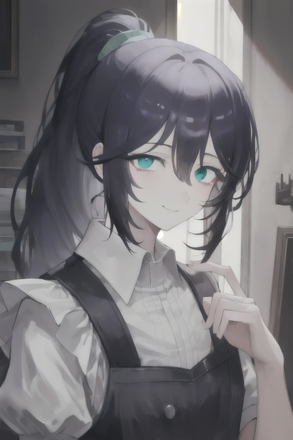 masterpiece, best quality, ultra high res, 16k, dramatic lighting, 1boy, male focus, solo, honglu, ponytail, grey eyes, heterochromia, maid uniform, crossdressing, smile, looking at viewer, cleaning, castle corridor background, portrait shot, heterochromia, blue eye and green eye