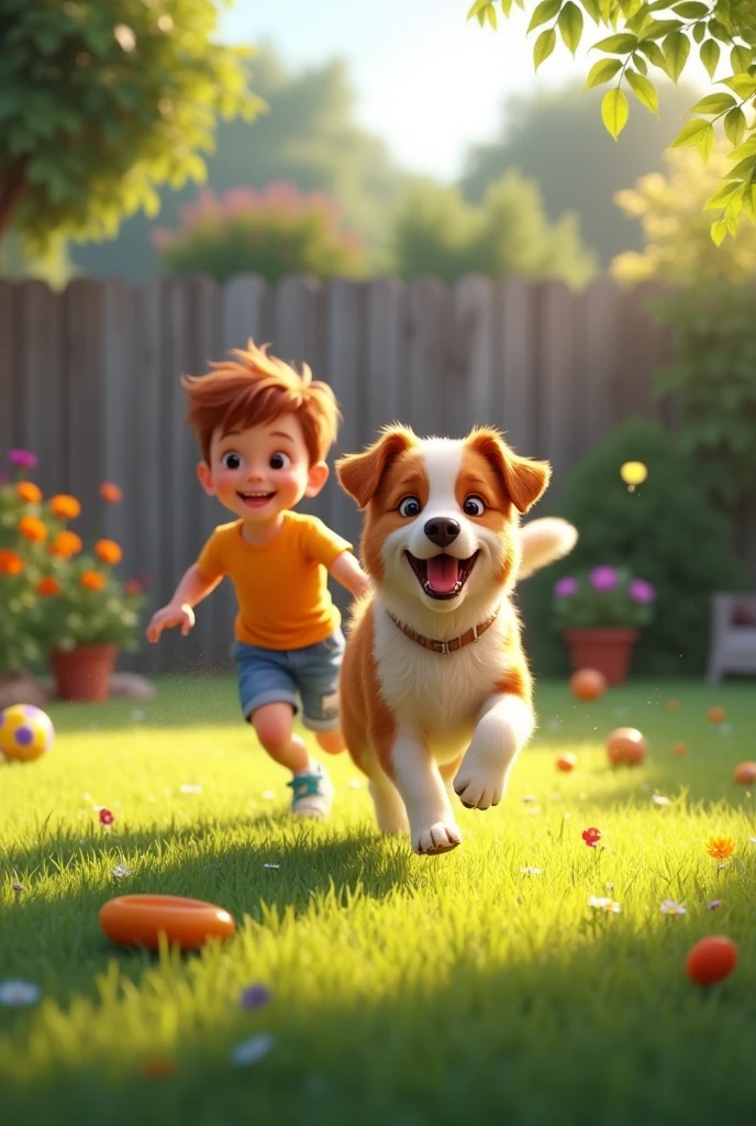 "Create a realistic and detailed image of a dog playing with a child in a sunny garden. The child should be smiling and wearing colorful clothes., like a t-shirt and shorts, while running or playing with the dog. The dog must be energetic and friendly, with realistic and expressive fur, like a Labrador or Border Collie. The garden must be well maintained, with vibrant green grass, colorful flowers and toys scattered in the background, como uma bola ou um frisbee. The light must be natural, soft and warm, creating a cheerful and welcoming atmosphere."