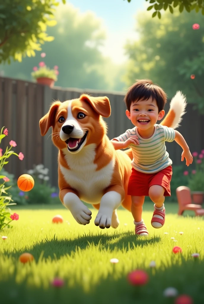 "Create a realistic and detailed image of a dog playing with a in a sunny garden. The childld be smiling and wearing colorful clothes., like a t-shirt and shorts, while running or playing with the dog. The dog must be energetic and friendly, with realistic and expressive fur, like a Labrador or Border Collie. The garden must be well maintained, with vibrant green grass, colorful flowers and toys scattered he background, como uma bola ou um frisbee. The light must be natural, soft and warm, creating a cheerful and welcoming atmosphere."