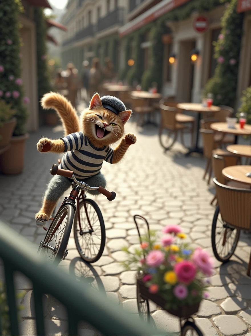 A cheerful cat riding a vintage bicycle through the streets of Paris, with a big smile on its face. The cat is wearing a stylish beret and a striped shirt, adding a French flair. The backdrop includes iconic Parisian landmarks like the Eiffel Tower and quaint café terraces, with soft sunlight casting a warm glow over the cobblestone streets. The cat’s tail is raised high in excitement as it pedals along, with colorful flowers in the bike's basket swaying gently in the breeze."
This prompt should help you create a charming and whimsical image of a cat enjoying a ride in Paris.