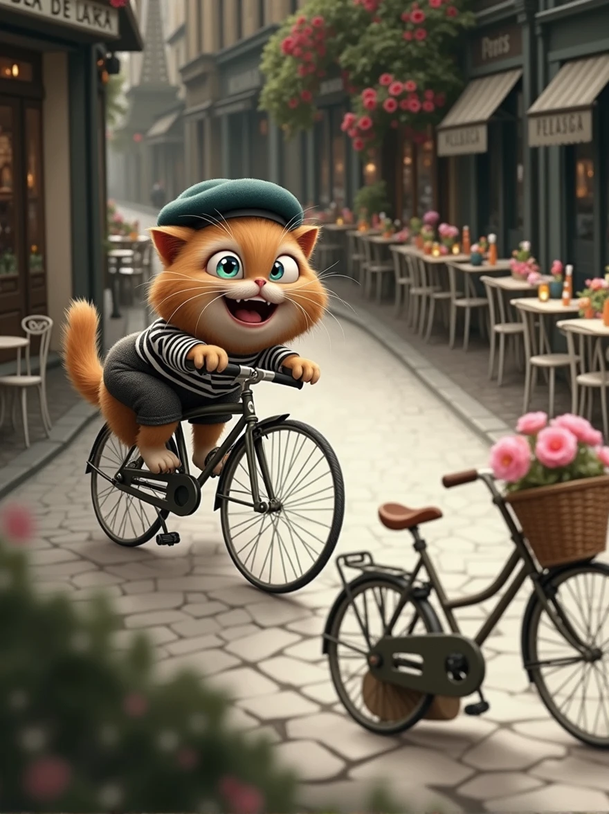A cheerful cat riding a vintage bicycle through the streets of Paris, with a big smile on its face. The cat is wearing a stylish beret and a striped shirt, adding a French flair. The backdrop includes iconic Parisian landmarks like the Eiffel Tower and quaint café terraces, with soft sunlight casting a warm glow over the cobblestone streets. The cat’s tail is raised high in excitement as it pedals along, with colorful flowers in the bike's basket swaying gently in the breeze."
This prompt should help you create a charming and whimsical image of a cat enjoying a ride in Paris.