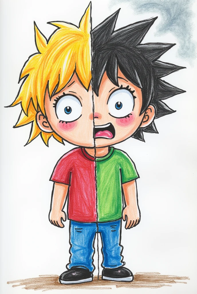 A child&#39;s drawing that is split in half, One half represents the school where he is bullied and the other half represents the school where he is also bullied but cyberbullying. 