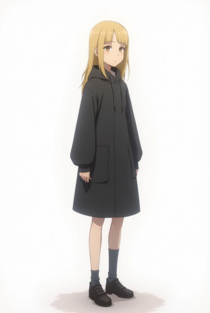 Dark Simple Serious Art, character front full body standing, just the character in the image, grown-up, plain white background, tall blonde girl.