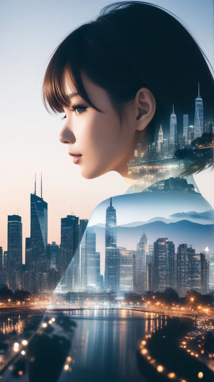 Double Exposure Style,a city skyline on the woman face,double image ghost effect,image combination,double exposure style,1girl,, (masterpiece,best quality,ultra-detailed,very aesthetic, absurdres)