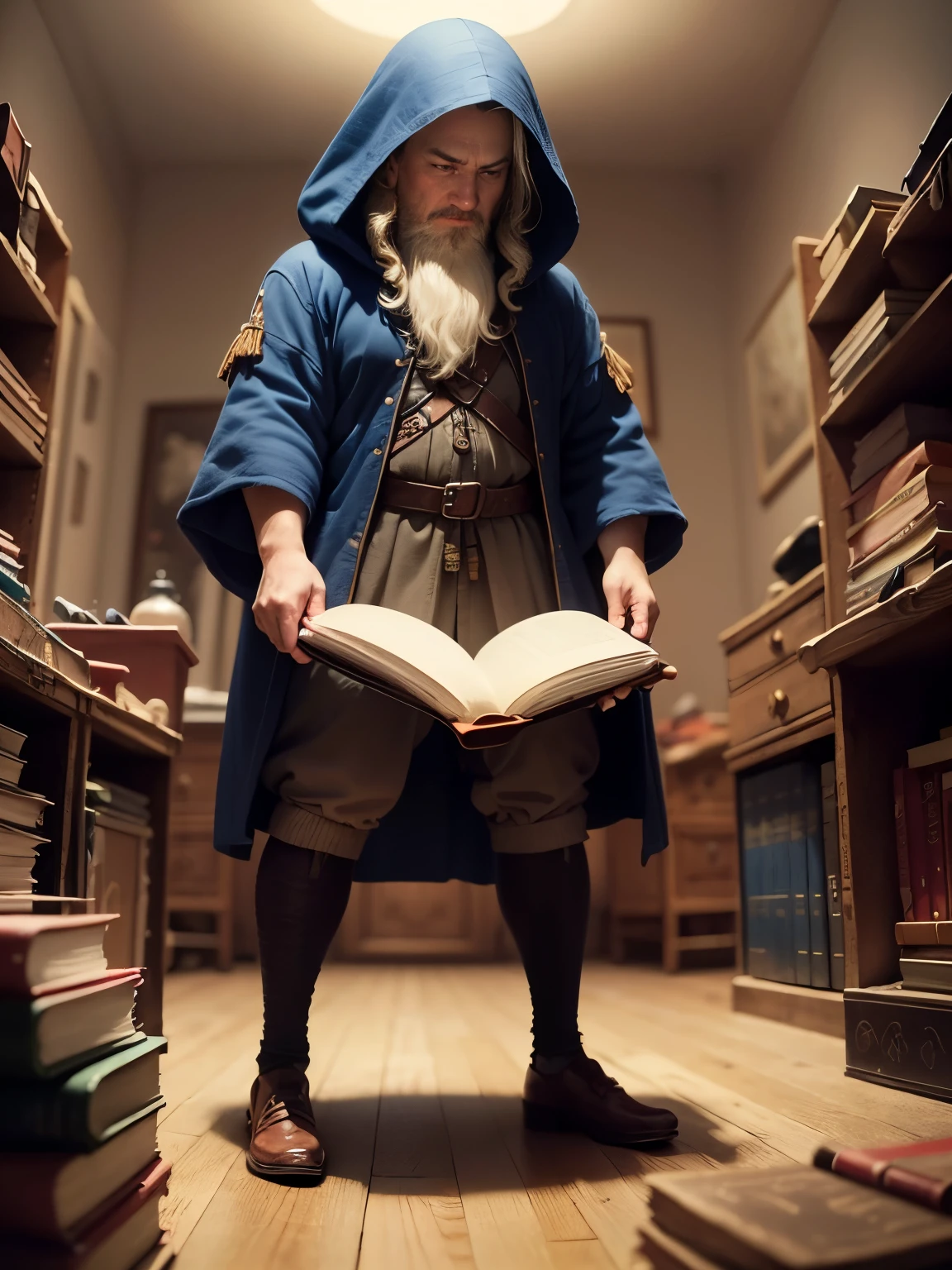 dwarf (Russian: dwarf), ((work as a detective)), dwarf, ((man)), ((blue magic robe)), rune mantle, (the mantle covers the entire body), athletic appearance, head covered with a hood, magic book in hands, whole body, экзотические сказочные dwarfы, dynamic poses, but a look from perspective, (old fashioned medieval clothing), character's right hand and wrist soft spells (the suit is imposing, but modest), HDR, a high resolution, 16:9 aspect ratios, (subtle eyes and facial expression), patchy light brown hair, piercing gaze, seasoned look