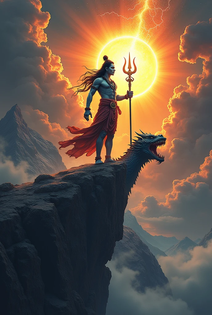 Four hand Lord siva sitting on a bull , , most powerful Trident in his right hand, damru on his left hand,stand on a mountain clif looking at the five head dragon with very rage , the sun high in the sky ,but a vey big fivehead dragon going to eat the sun , thunder touching the Trident, deep black cloud, cosmic rays on his head