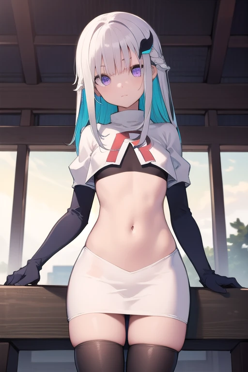 lizehelesta, lize helesta, blue hair, blunt bangs, colored inner hair, hair flaps, hair ornament, long hair, multicolored hair, (purple eyes:1.1), sidelocks, two-tone hair, white hair, (small breast:1.2),
BREAK virtual youtuber, team rocket,team rocket uniform,white skirt,red letter R,crop top,black thigh-highs,black elbow gloves,
BREAK looking at viewer,
BREAK outdoors,
BREAK (masterpiece:1.2), best quality, high resolution, unity 8k wallpaper, (illustration:0.8), (beautiful detailed eyes:1.6), extremely detailed face, perfect lighting, extremely detailed CG, (perfect hands, perfect anatomy),