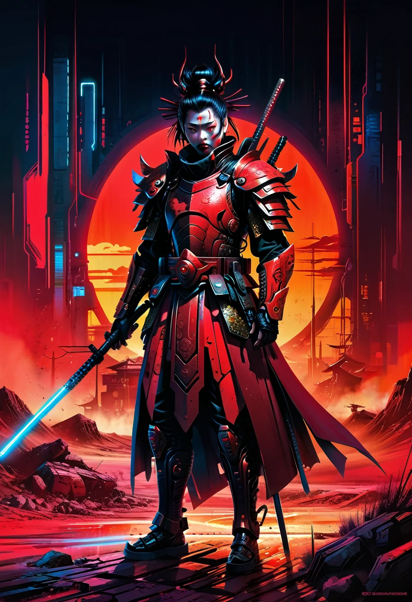 a high-quality digital painting of "The Warlord, cyberpunk samurai warrior, Red Desert Geisha, Scary Garry", futuristic, cyberpunk style, dynamic composition, glowing neon lights, post-apocalyptic setting, detailed armor and weapons, intense expression, dramatic lighting, concept art, 4k resolution