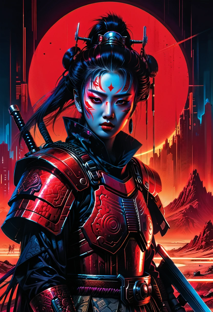 a high-quality digital painting of "The Warlord, cyberpunk samurai warrior, Red Desert Geisha, Scary Garry", futuristic, cyberpunk style, dynamic composition, glowing neon lights, post-apocalyptic setting, detailed armor and weapons, intense expression, dramatic lighting, concept art, 4k resolution