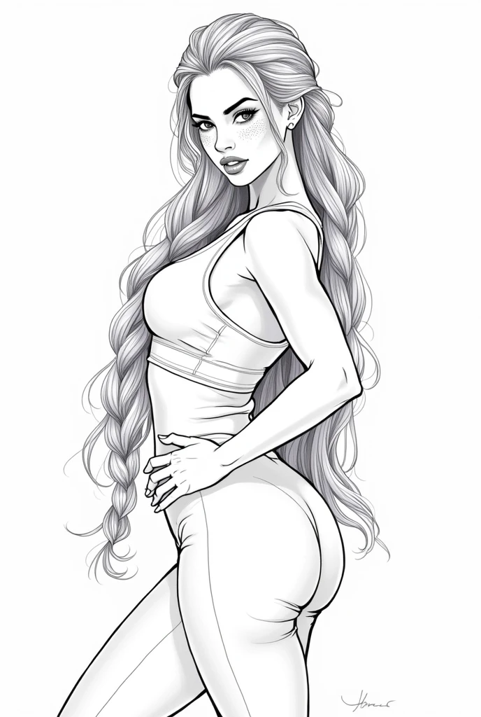 Coloring book for adults. Only black and white. low detail only main line. beautiful sensual nude and erotic woman with massive breasts. The breasts are not covered by anything. white background. white colors. full body view of blonde woman.
