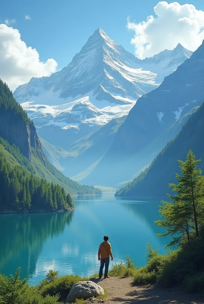 A beautiful detailed landscape, stifan uncle, 1boy, serene lake, snow-capped mountains, lush greenery, peaceful atmosphere, natural lighting, vibrant colors, dramatic shadows, cinematic composition, highly detailed, (best quality,4k,8k,highres,masterpiece:1.2),ultra-detailed,(realistic,photorealistic,photo-realistic:1.37),detailed environment, striking scenery, atmospheric, breathtaking, beautiful scenery, dramatic skyscape, stunning vista, scenic vista, epic scale, grand landscape, environmental art