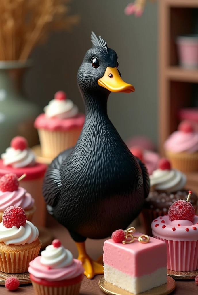 Image of a black duck with cake and sweets around it
