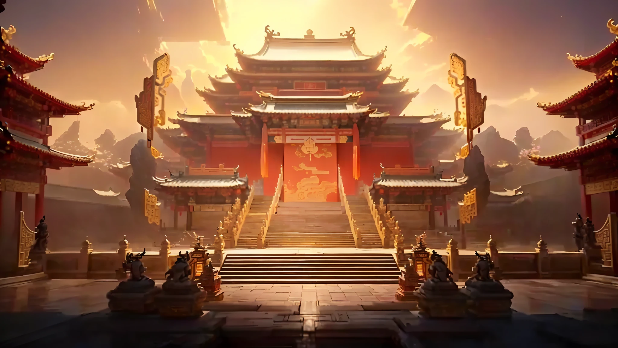 a picture taken from the inside of a chinese temple with statues, temple background, beautiful render of tang dynasty, cyberpunk chinese ancient castle, by Yang J, background depicting a temple, g liulian art style, riot games concept art, feng zhu concept art, rossdraws global illumination, palace background, ancient temple, cgsociety and fenghua zhong