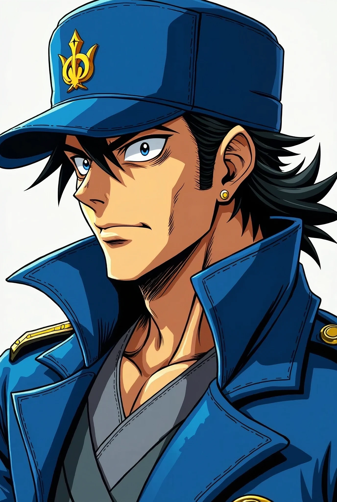 An anime character wearing a blue hat and a blue jacket, Joseph Joestar, jotaro kujo, Jojo anime style, jotaro, Becoming a JoJo character, In Jojo\The Bizarre Adventure of, Ninja scroll anime style, an angry muscular army general, Kentaro Miura&#39;s Manga Art Style, ＪＪＢＡ, Joe Biden as a JoJo character, striking manga artstyle,Dwayne Johnson style