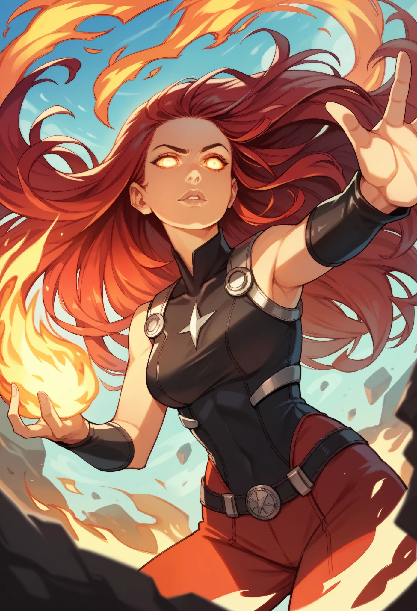 One woman, Rihanna, 20 years old, detailed face, mid breasts, white and black superheroine suit, sleeveless, red hair, long hair, fire hair, surrounded by flames, fire, glowing eyes, levitating in the sky,