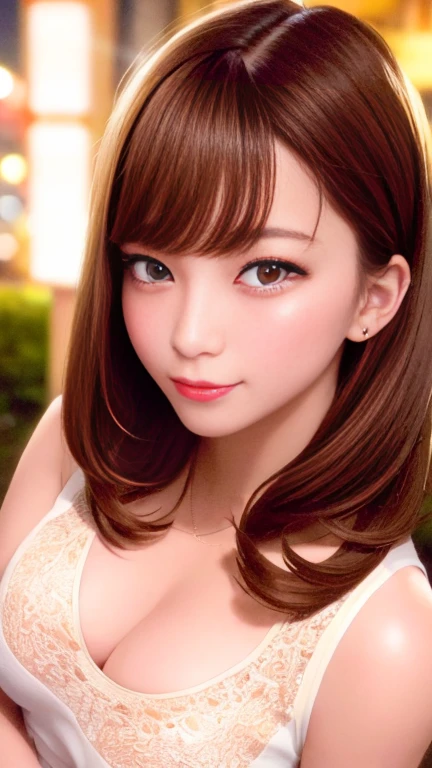 (Skin scars:1.2),1woman, 28, (((woman))), (Skin dents), Nice, alone, Realistic, Highest quality, photoRealistic, masterpiece, 8k, High resolution, alone, Highly detailed face,, ,, (Professional Lighting, Bokeh), (Particles of light, Lens flare, Glowing particles:0.6), (Dynamic pose:), Soft lighting, View from above, Fashionable and trendy atmosphere, Japan, Tokyo, ((At night)), Are standing, ,, (Long Hair), Brown Hair, Floating Hair, nose, lips, lipstick, Captivating smile, Floating Hair, Mole, (cheekbone:1), (Mole under eye:1.2), sweater,, mini skirt,Cleavage cutout