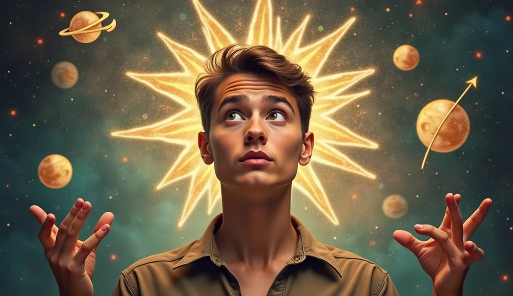 A person with a curious expression, surrounded by floating symbols of Mercury and Gemini. The background features a burst of information and communication symbols, conveying mental agility. -ar 16:9