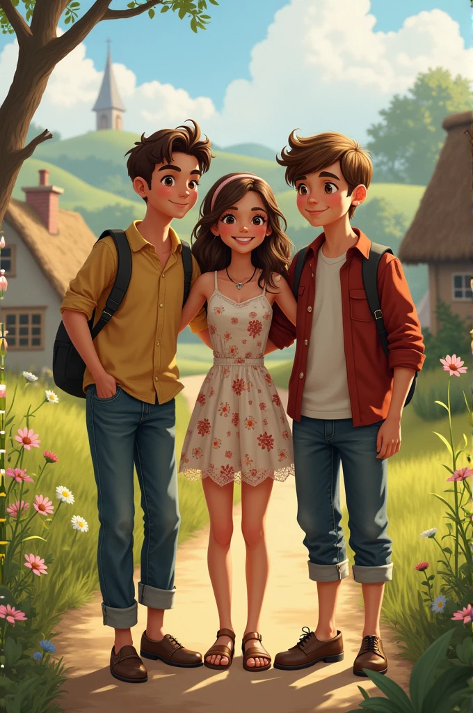 Three village friends, one girl, two boys, around 16-17 years old