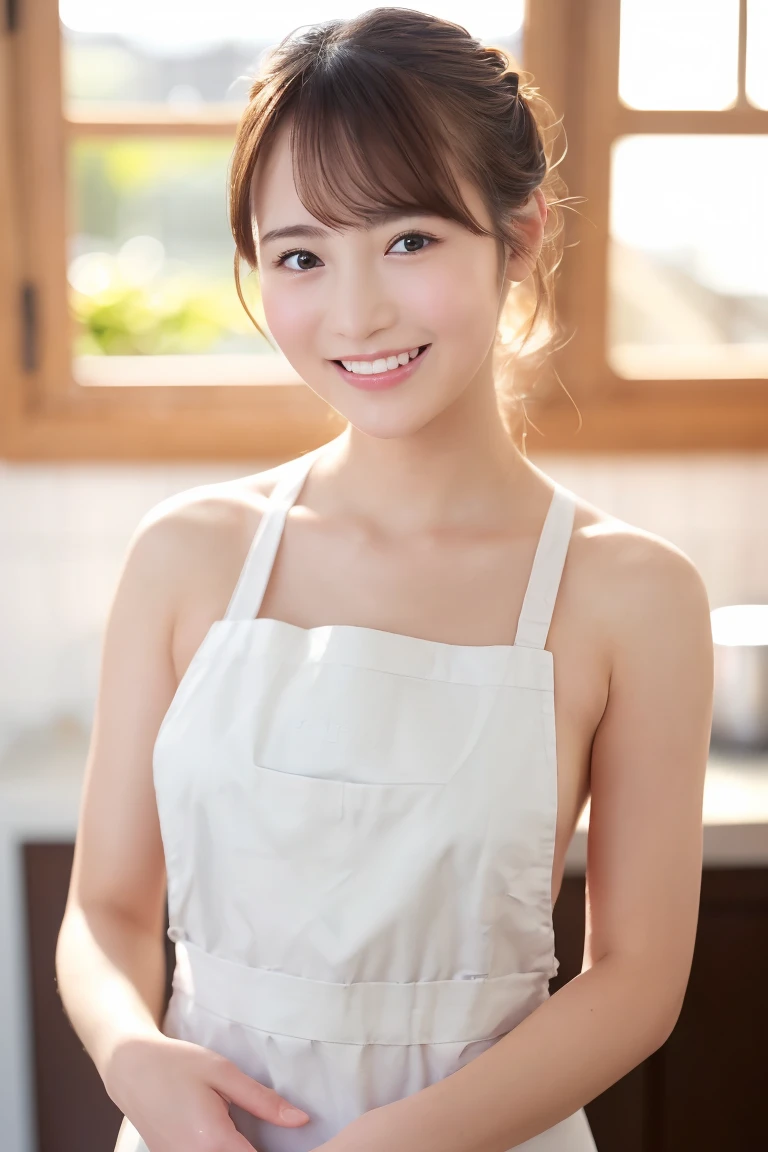 (Highest quality、Tabletop、8k、Best image quality、Award-winning works)、1. pretty girl、(Naked and wearing only a white apron:1.1)、(The perfect pure white apron:1.1)、Perfect girl portrait photo、Glowing Skin、Brown Hair、(Accentuate your body lines:1.1)、Standing Elegantly、(Face close-up:1.6)、Cute Smile、(Blurred elegant kitchen background:1.1)