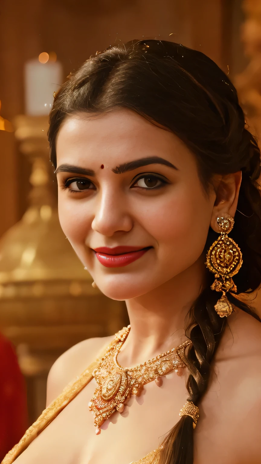 night scene, extreme close up photo of naked samantha, hourglass figure, standing in temple in ugadi celebrations, French braid hair, necklace, sultry, seductive eyes, red lips, look at viewer and smile, (cinematic:1.3), intricate details, (ArtStation:1.2), no clothes