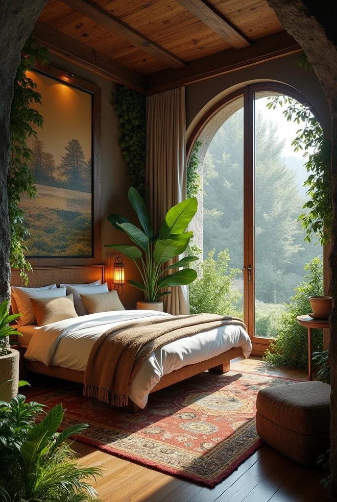 a realistic hotel I want to see the rooms inside, They are luxurious but rustic with a nature theme.


