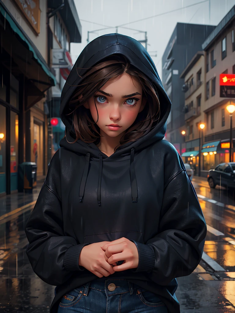 a pretty brunette girl, 22 years old, wearing a black hoodie and blue jeans, is in the rain, pensive and slightly sad expression, detailed facial features, detailed eyes and lips, complex urban background, whimsical lighting, cinematographic composition, Realistic photo, high quality, 8k, ultra-detailed