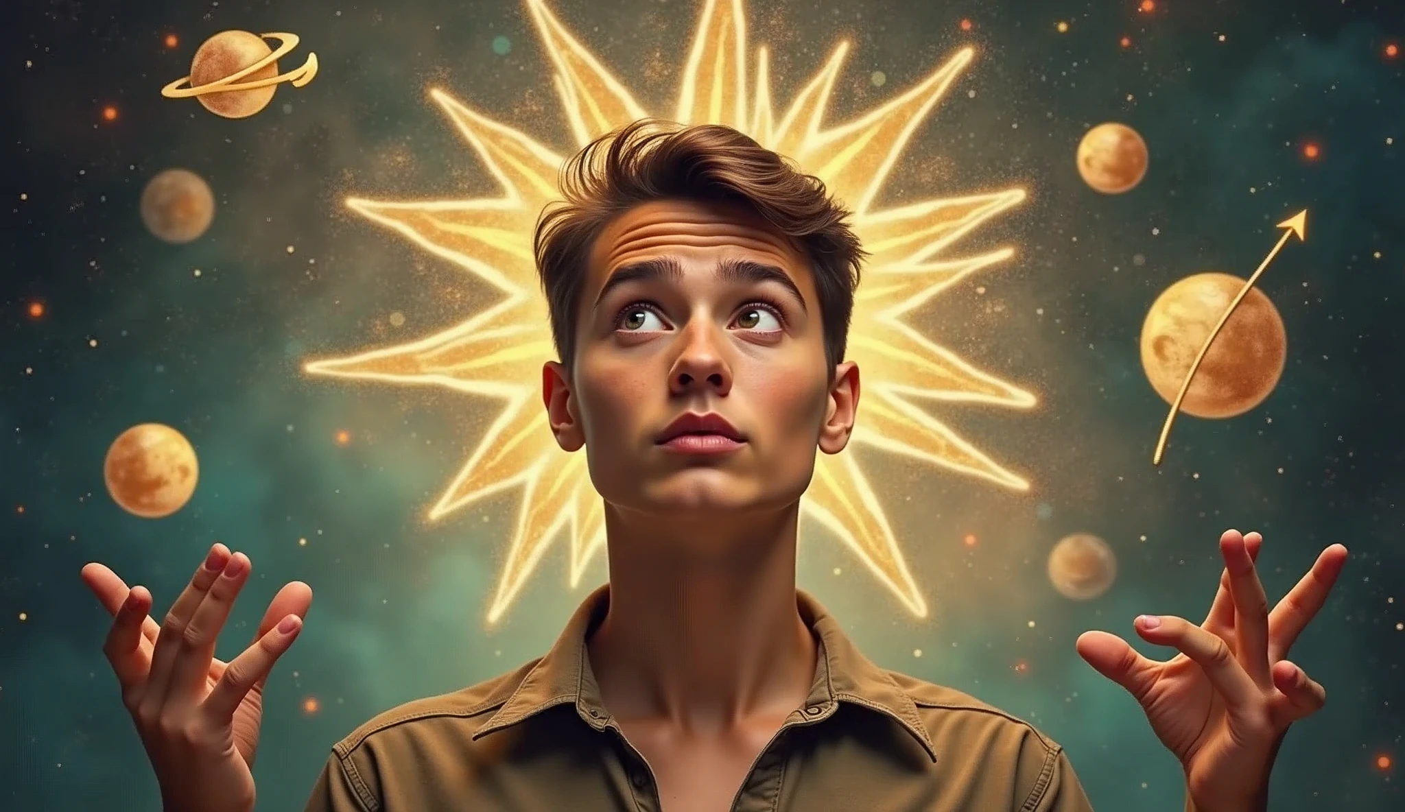 A person with a curious expression, surrounded by floating symbols of Mercury and Gemini. The background features a burst of information and communication symbols, conveying mental agility. -ar 16:9