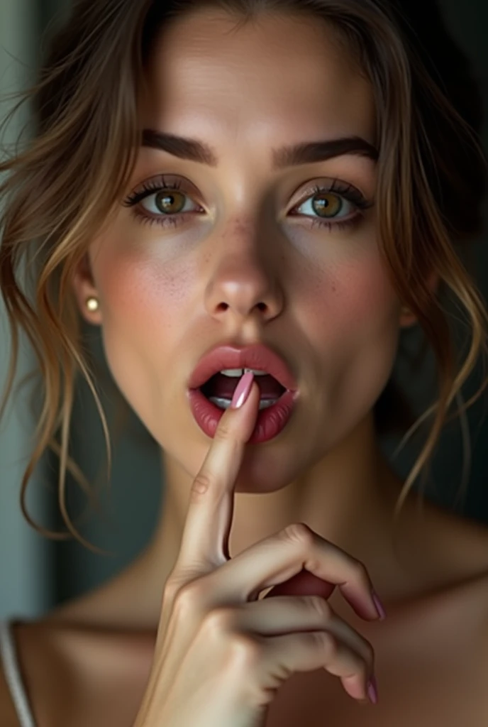 Woman, 4 position, cocked ass, finger her mouth, with piercing gaze