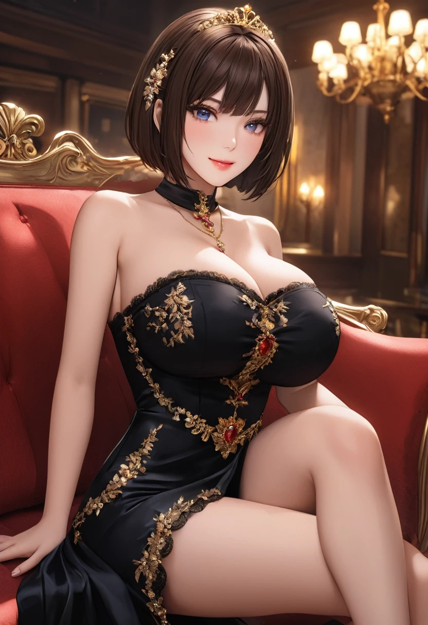 ((masterpiece, best quality, perfect eyes, perfect face, perfect anatomy, perfect lighting ,((fatal frame)), ((England 1500)), ((Busty Bitches)), 1girl(1 milf))) ecchi friend's Barbie mom(sitting on expensive couch, cheeky smile, duchess dress, head regalia, expensive jewellery),(Private chambers  )